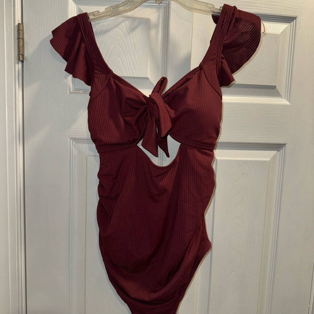 Burgundy Ruffle One-Piece Maternity Swimsuit